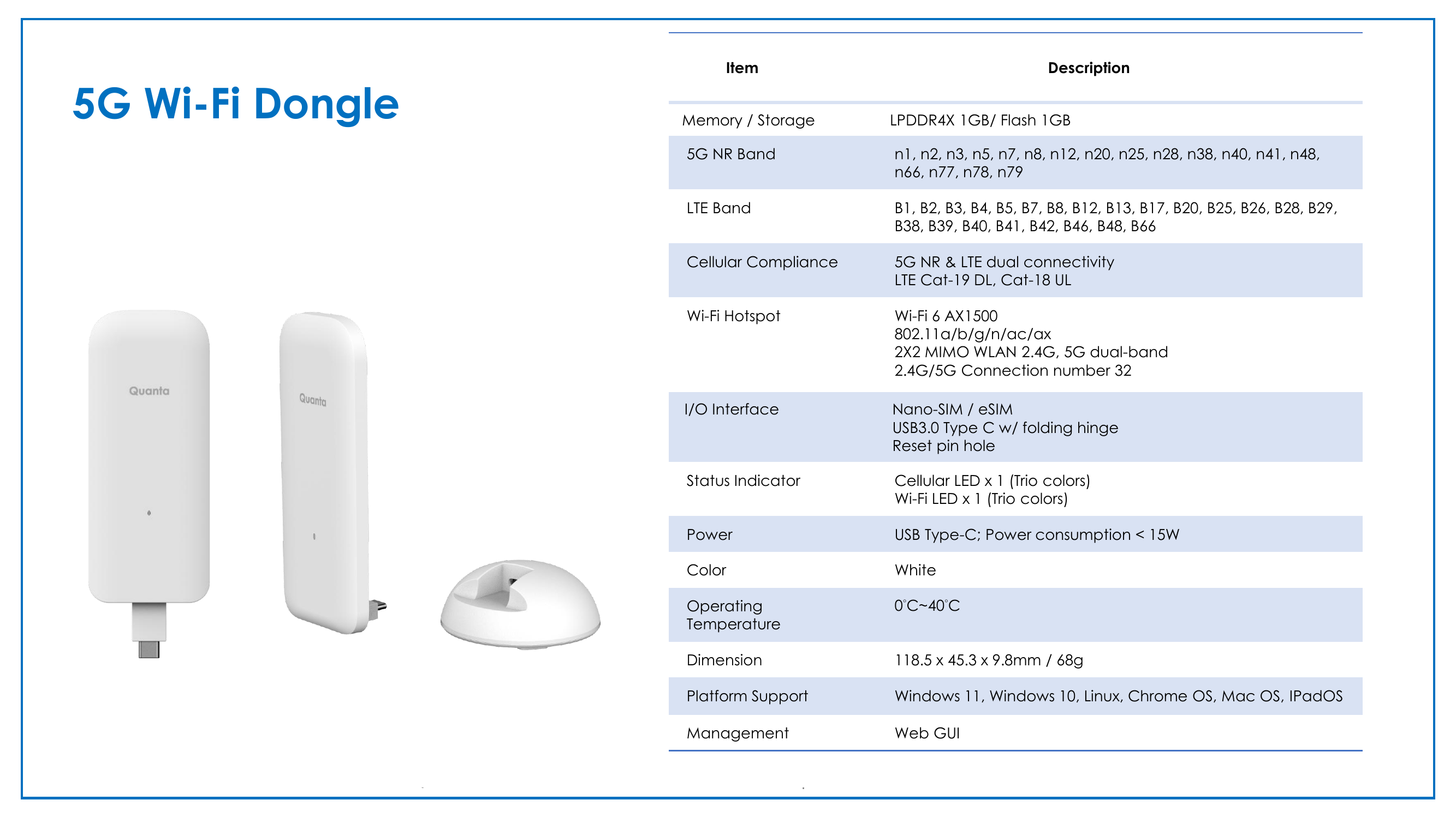 Quanta WU9 5G Dongle — 輕巧可攜式 5G 行動上網裝置